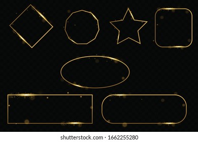 Conjunto de marcos dorados con efectos de luces. Aislado sobre fondo negro transparente.