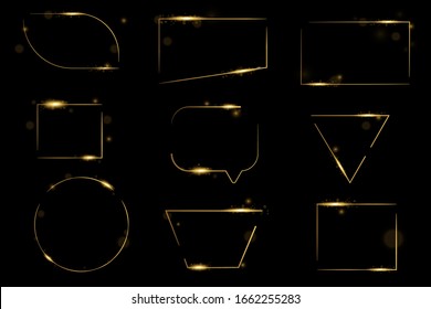 Set of Golden frame with lights effects. Isolated on black transparent background.