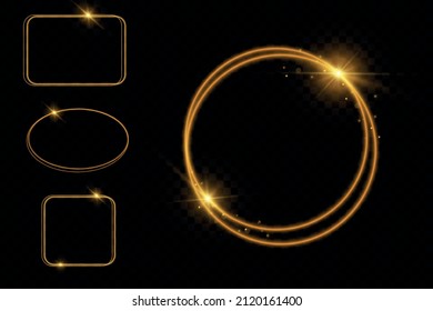 Conjunto de marcos dorados con efectos de luces. Aislado sobre fondo negro transparente.