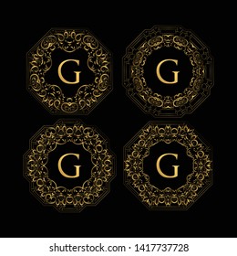 Set Of Golden Frame Luxury. Frame Luxury with Golden Color, Ornament Concept, Luxurious Badges, Gold Label, Retro Concept. Trendy Vintage Royal Ornament Frames Illustration, Good for Hotel Brand.