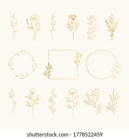 Set of golden frames, bouquets, floral arrangement. Nature flower compositions. Elegant luxury decorative elements. Fancy vector illustration.