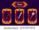 A set of golden frames with a bow, mace, and sword, for a game store interface. Combat weapons. For websites and mobile apps. Cartoon style. Vector illustration. Isolated background.