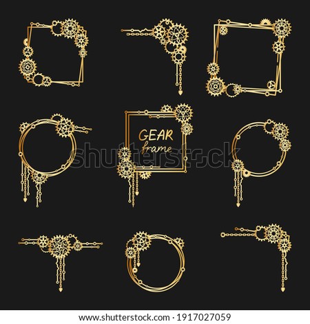 Set of golden frames, corners and borders with gears, cogwheels and chains on a black background. Mechanism. Steampunk. Decorative elements for a stylish holiday greeting card, banner, poster, signage