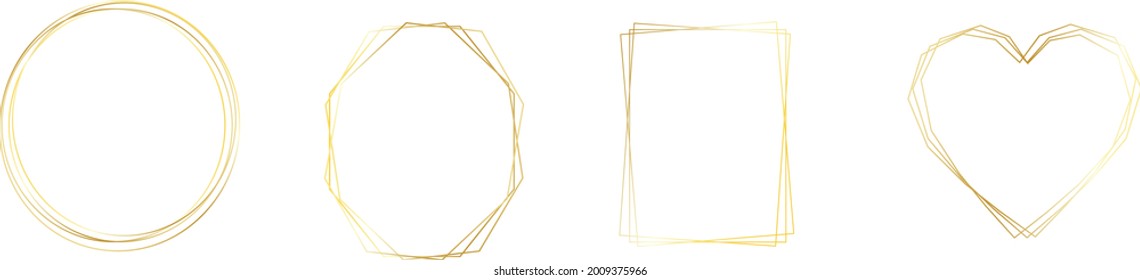 Set of golden frames. Great for wedding invitations and wedding cards. Abstract shapes - elipse, reectangle, heart and polygon luxury collection. Vector illustration.