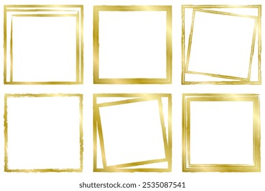 Set of golden frames isolated on white. Vector square frame for text, certificate, pictures, diploma, banner. Old worn frame. Metal texture	