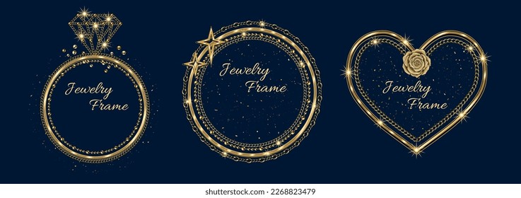 Set of golden frames with large place for copy space. Jewelry gold chains, beads, shiny stars, small glittering particles. Logo, emblem, badge for anniversary, award, gift design on dark blue