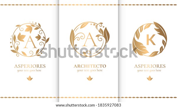 Set of golden frames with leaves in a circle shape.\
Can be used for jewelry, beauty and fashion industry. Great for\
logo, monogram, invitation, flyer, menu, background, or any desired\
idea.