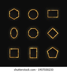 Set of golden frames with lights effects. Isolated on black transparent background. Glowing sparkling Frames. Glitter сircle, square, polygon, rectangle.