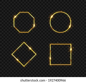 Set of golden frames with lights effects. Isolated on black transparent background. Glowing sparkling Frames.