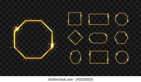 Set of golden frames with lights effects. Isolated on black transparent background. Glowing sparkling Frames. Glitter сircle, square, polygon, rectangle.
