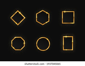 Set of golden frames with lights effects. Isolated on black transparent background. Glowing sparkling Frames. Glitter сircle, square, polygon, rectangle.
