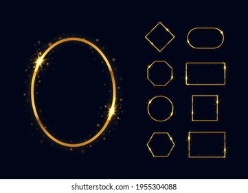 Set of golden frames with lights effects. Isolated on black transparent background. Glowing sparkling Frames. Glitter сircle, square, polygon, rectangle.