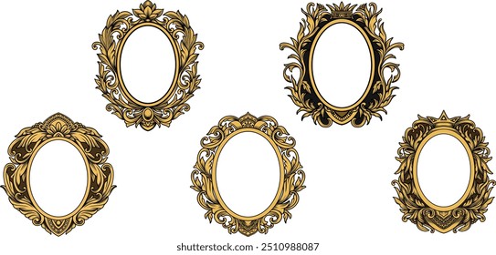 Conjunto de marcos dorados de diseño antiguo de lujo, foto y cubierta de espejo con forma redonda y adorno barroco floral, decoración victoriana fronteriza, Ilustración vectorial de marco de oro oval