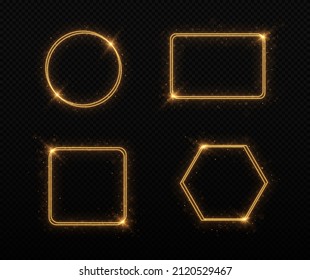 Set of golden frames on black transparent background.. Glitter сircle, square, polygon, rectangle.