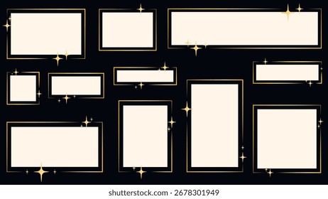 Set of golden frames with sparkles. Festive backgrounds with golden glittering decor. Geometric shaped frames, vector graphic