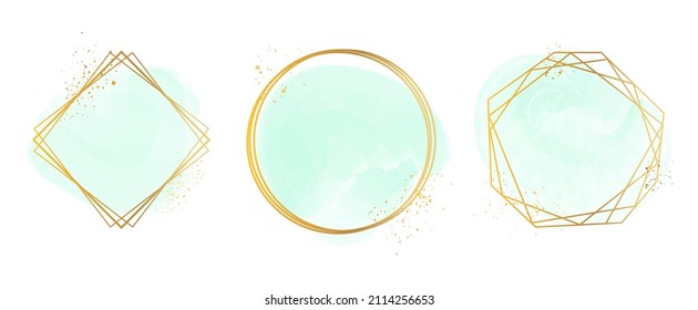 Set aus goldenen Rahmen. Türkisfarbenes Wasser. Handgezeichnete abstrakte, polygonale goldene Rahmen. Einzeln auf weißem Hintergrund. Vektorgrafik