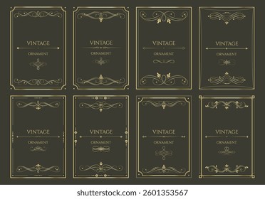 Set of golden frames in vintage style. Decorative golden frames for certificate, menu, book, page, invitation, greeting, wedding design elements. Decorated frames. Vector illustration.