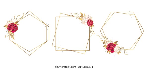 Set of golden frames with white and red flowers