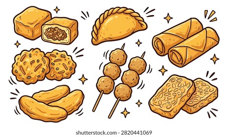 set of golden fried asian street food snacks in pixel art style