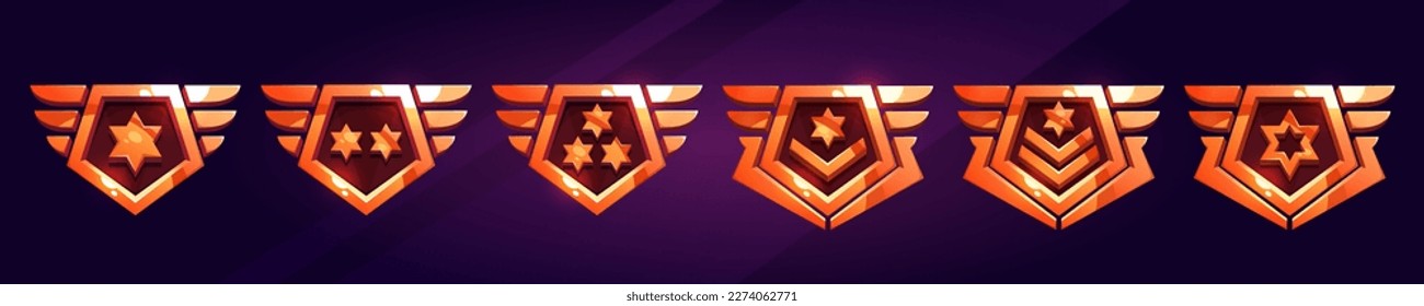 Set of golden game army badge isolated on background. Vector cartoon illustration of shiny military emblems decorated with stars, chevrons and wings. Winner rank medals. Symbol of achievement, award