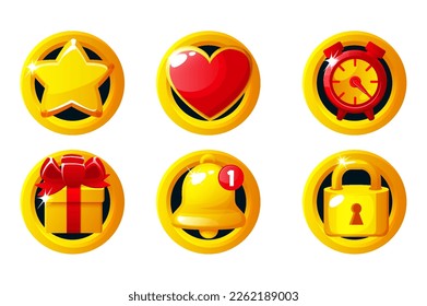 Set of golden game icons- star, heart, clock, gift box, bell and lock. Game App Icons