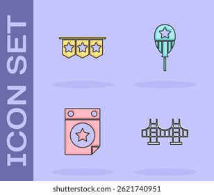 Set Golden gate bridge, Carnival garland with flags, Calendar date July 4 and Balloons icon. Vector