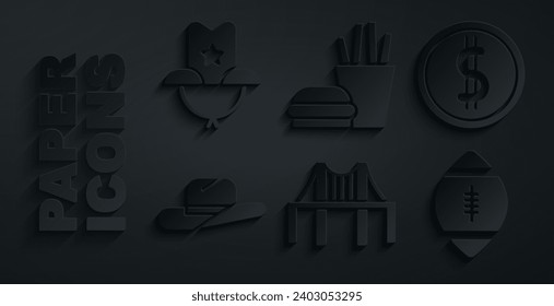 Set Golden gate bridge, Coin money with dollar, Western cowboy hat, American Football ball, Burger and french fries and  icon. Vector