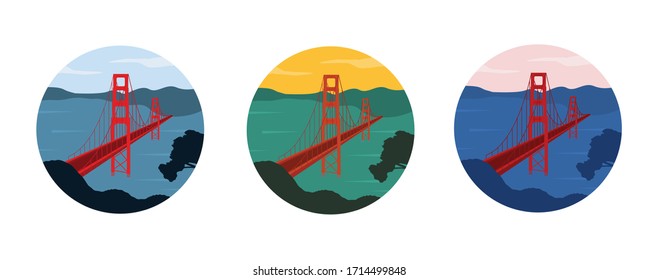 Set of Golden Gate bridge illustrations in different colors shaped in round badge. Red bridge across the ocean. San Francisco, California, United States of America.