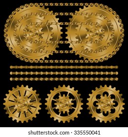 Set of golden gears and chains on black background.