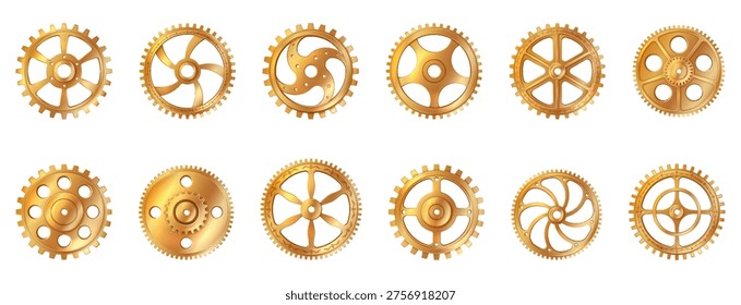 Set of golden gears in different designs and sizes on a white background. This illustration features shiny metallic textures and intricate gear patterns ideal for engineering designs.