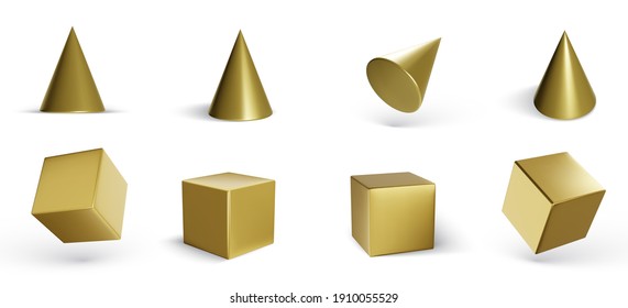 Set of golden geometric cubes and cones isolated on white background. 3d geometric shapes objects. Render decorative figure for design. Vector illustration