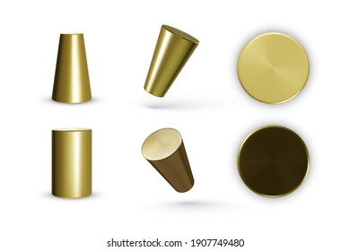 Set of golden geometric cylinders isolated on white background. Realistic geometry elements. Render decorative figure for design. Vector illustration