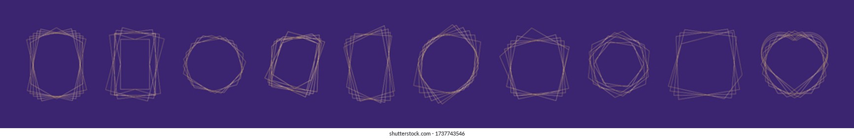 Set of golden geometric frames. Geometrical polyhedrons. Art deco style design for wedding card, invitations, logo, book cover, art decoration, and poster. Isolated on purple  background.