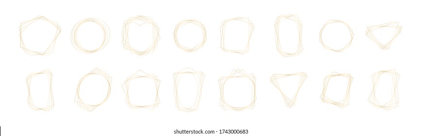 Conjunto de marcos geométricos dorados. Poliedro geométrico. Diseño de estilo Art Deco para tarjetas de boda, invitaciones, logotipo, portada de libros, decoración artística y afiche. Aislado sobre fondo blanco.