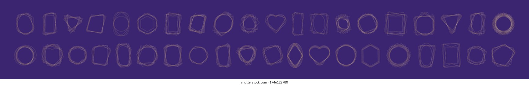 Conjunto de marcos geométricos dorados. Poliedro geométrico. Diseño de estilo Art Deco para tarjetas de boda, invitaciones, logotipo, portada de libros, decoración artística y afiche. Aislado sobre fondo morado.