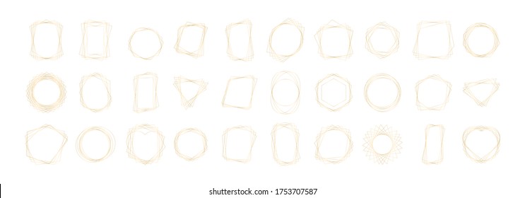 Set of golden geometric frames. Geometrical polyhedrons. Art deco style design for wedding card, invitations, logo, book cover, art decoration, and poster. Isolated on white background.