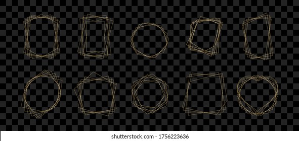 Conjunto de marcos geométricos dorados. Poliedro geométrico. Diseño de estilo Art Deco para tarjetas de boda, invitaciones, logotipo, portada de libros, decoración artística y afiche. Aislado sobre un fondo transparente.