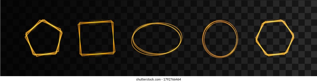 Satz goldener geometrischer Rahmen. Geometrische Polyhedronen. Art-Deco-Design für Hochzeitskarte, Einladungen, Logo, Buchumschlag, Kunstdekoration und Poster. Einzeln auf transparentem Hintergrund.