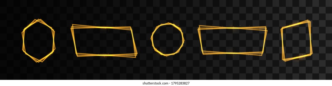 Set of golden geometric frames. Geometrical polyhedrons. Art deco style design for wedding card, invitations, logo, book cover, art decoration, and poster. Isolated on transparent background.
