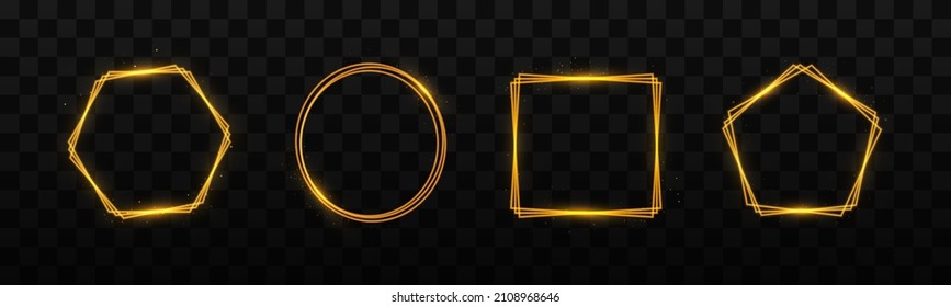 Satz goldener geometrischer Rahmen. Geometrische Polyhedronen. Art-Deco-Design für Hochzeitskarte, Einladungen, Logo, Buchumschlag, Kunstdekoration und Poster. Einzeln auf transparentem Hintergrund.