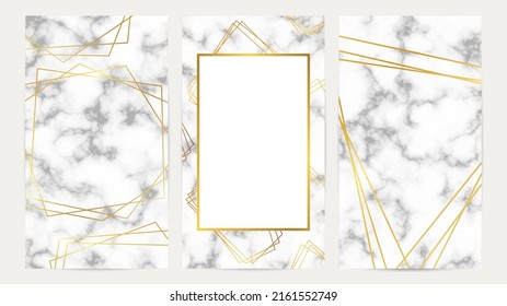 Set of golden geometric frames on marble texture. Luxury templates for wedding card, banner, flyer, poster, greeting. Vector illustration