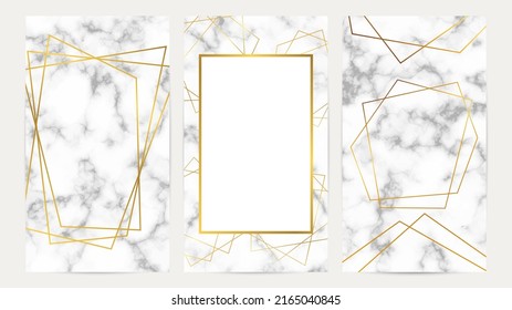 Set of golden geometric frames on marble texture. Luxury templates for wedding card, banner, flyer, poster, greeting. Vector illustration