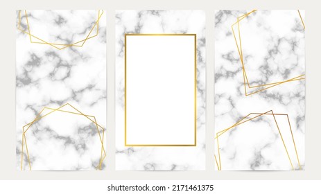 Set of golden geometric frames on marble texture. Luxury templates for wedding card, banner, flyer, poster, greeting. Vector illustration