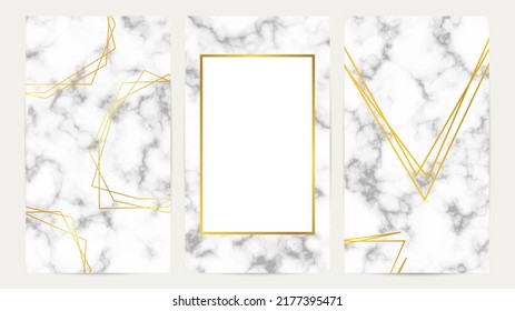 Set of golden geometric frames on marble texture. Luxury templates for wedding card, banner, flyer, poster, greeting. Vector illustration