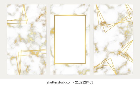 Set of golden geometric frames on marble texture. Luxury templates for wedding card, banner, flyer, poster, greeting. Vector illustration