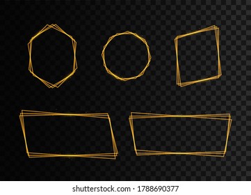 Satz goldener geometrischer Rahmen. Geometrische Polyhedronen. Art-Deco-Design für Hochzeitskarte, Einladungen, Logo, Buchumschlag, Kunstdekoration und Poster. Einzeln auf transparentem Hintergrund.
