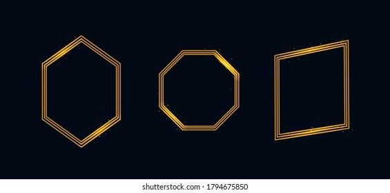 Set of golden geometric frames. Geometric polyhedrons. Art deco style design for wedding card, invitations, logo, book cover, art decoration, and poster. Vector illustration, EPS 10.