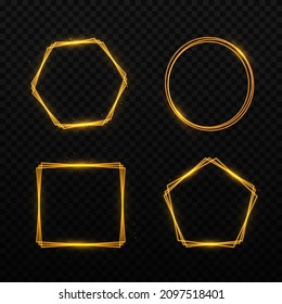 Satz goldener geometrischer Rahmen. Geometrische Polyhedronen. Art-Deco-Design für Hochzeitskarte, Einladungen, Logo, Buchumschlag, Kunstdekoration und Poster. Einzeln auf transparentem Hintergrund.