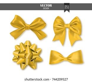 Set of golden gift bows with ribbons. Vector illustration