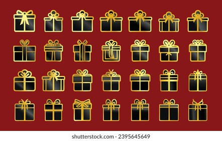 Set of golden gift box. Christmas gift illustration vector symbol. Surprise present